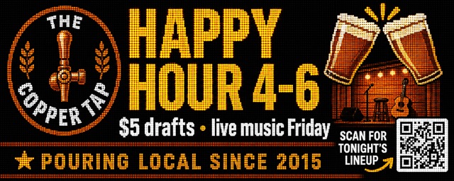 AI-drafted bar happy-hour ad rendered on the LED panel