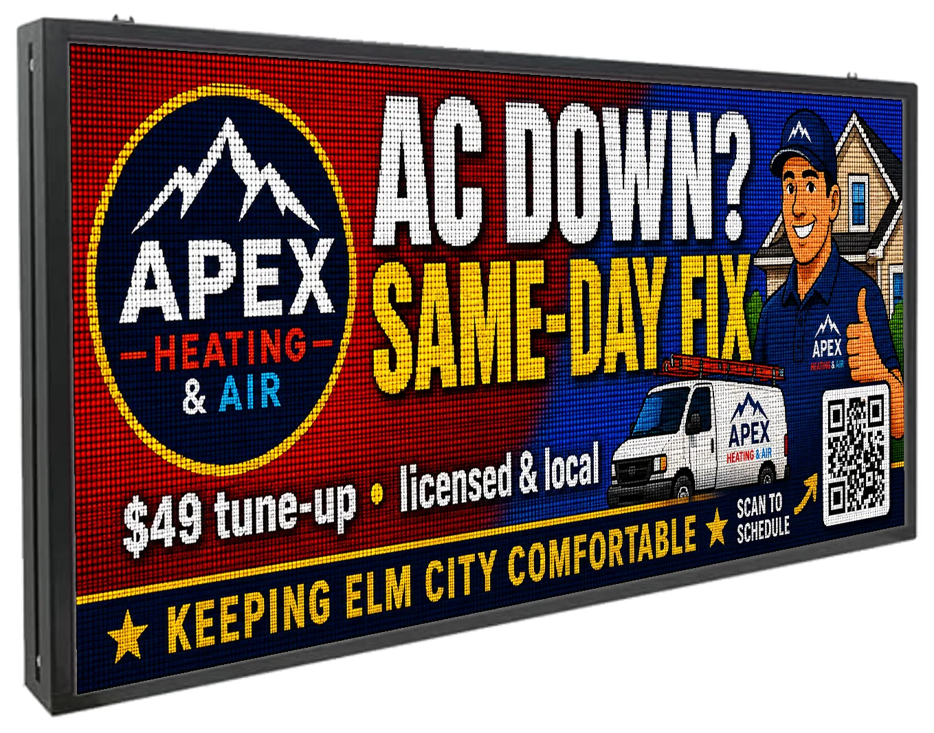 The Marquello LED board showing an AI-drafted HVAC service ad